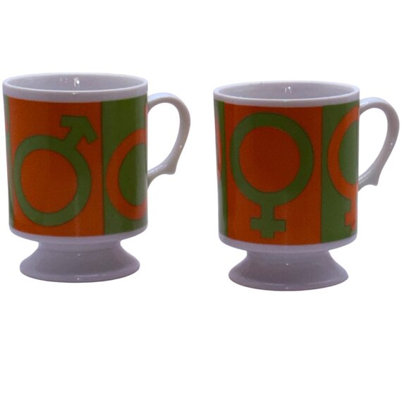 Vintage 1970s Pop Art His Hers Coffee Mugs Orange Green Gender Symbol Mod Pair - Picture 4 of 6
